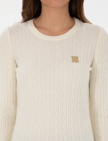 Ekru Slim Fit Bisiklet Yaka Basic Kazak