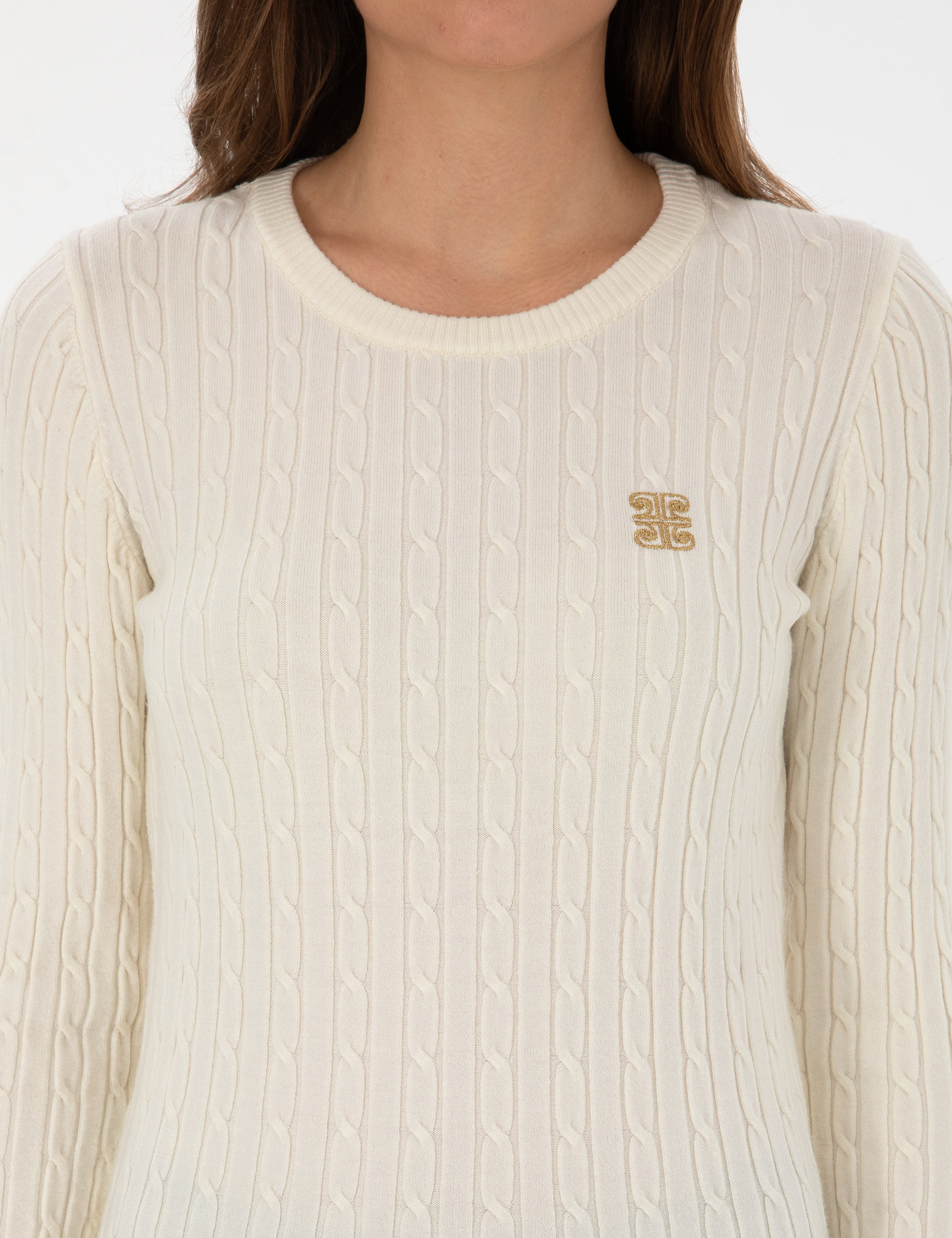 Ekru Slim Fit Bisiklet Yaka Basic Kazak - Image 6