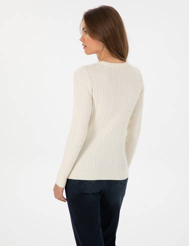 Ekru Slim Fit Bisiklet Yaka Basic Kazak