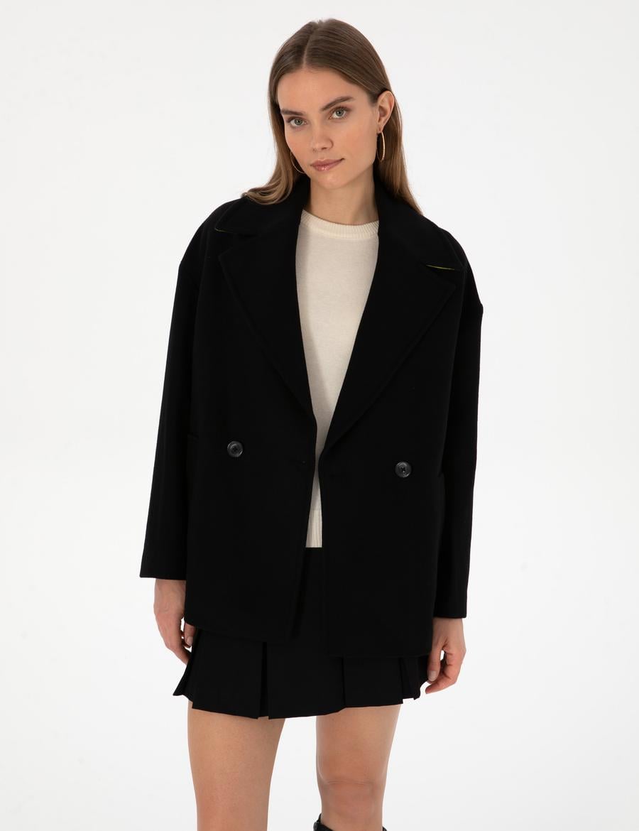 Siyah Comfort Fit Kaşe Kaban