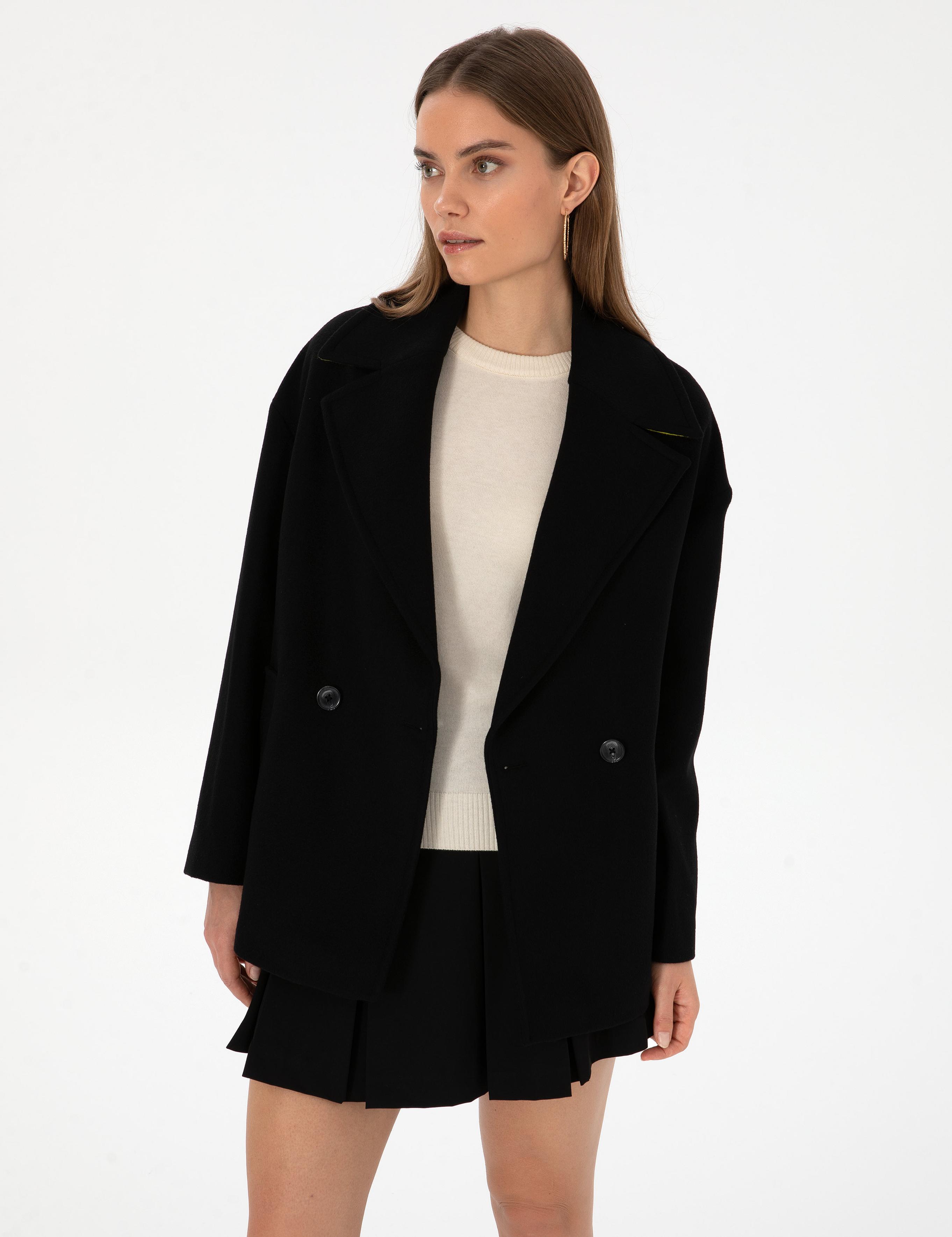 Siyah Comfort Fit Kaşe Kaban