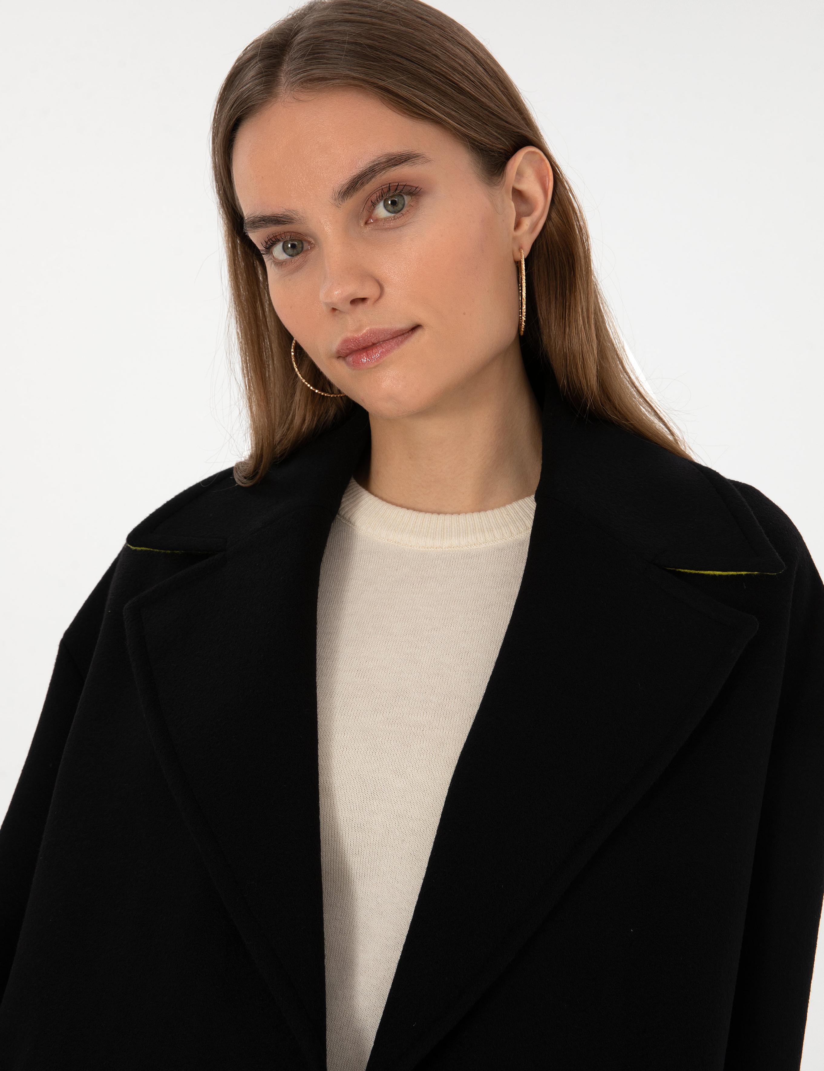 Siyah Comfort Fit Kaşe Kaban