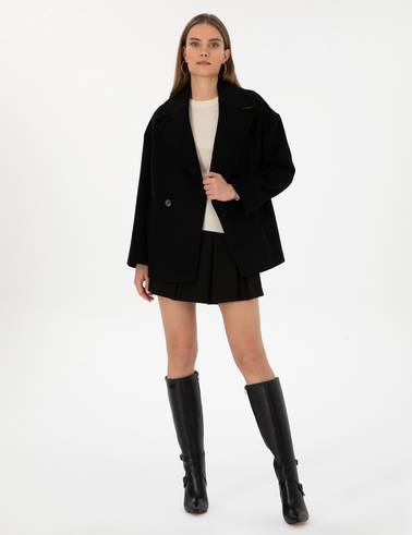 Siyah Comfort Fit Yün Karışımlı Kaşe Kaban