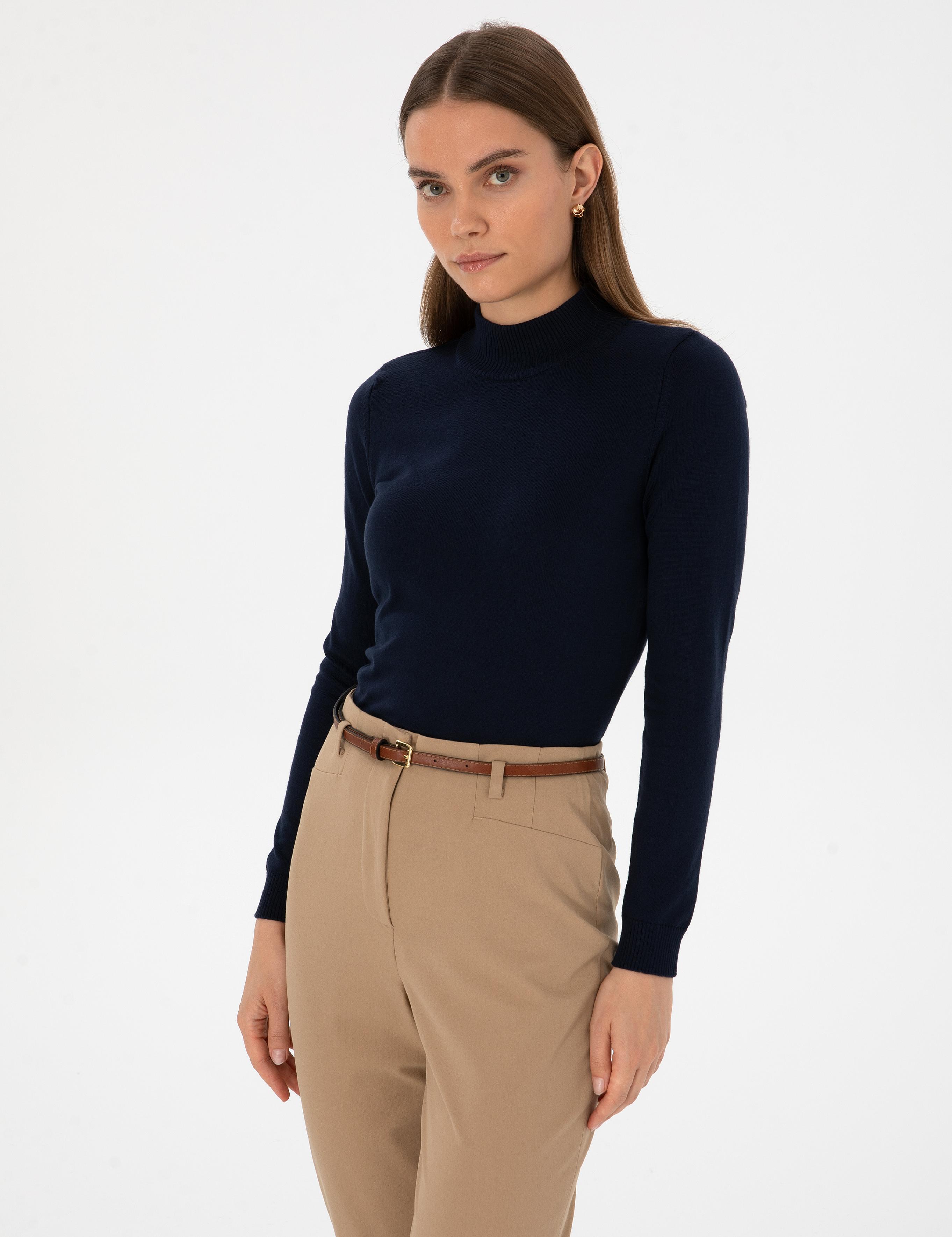 Lacivert Slim Fit Yarım Balıkçı Yaka Basic Kazak