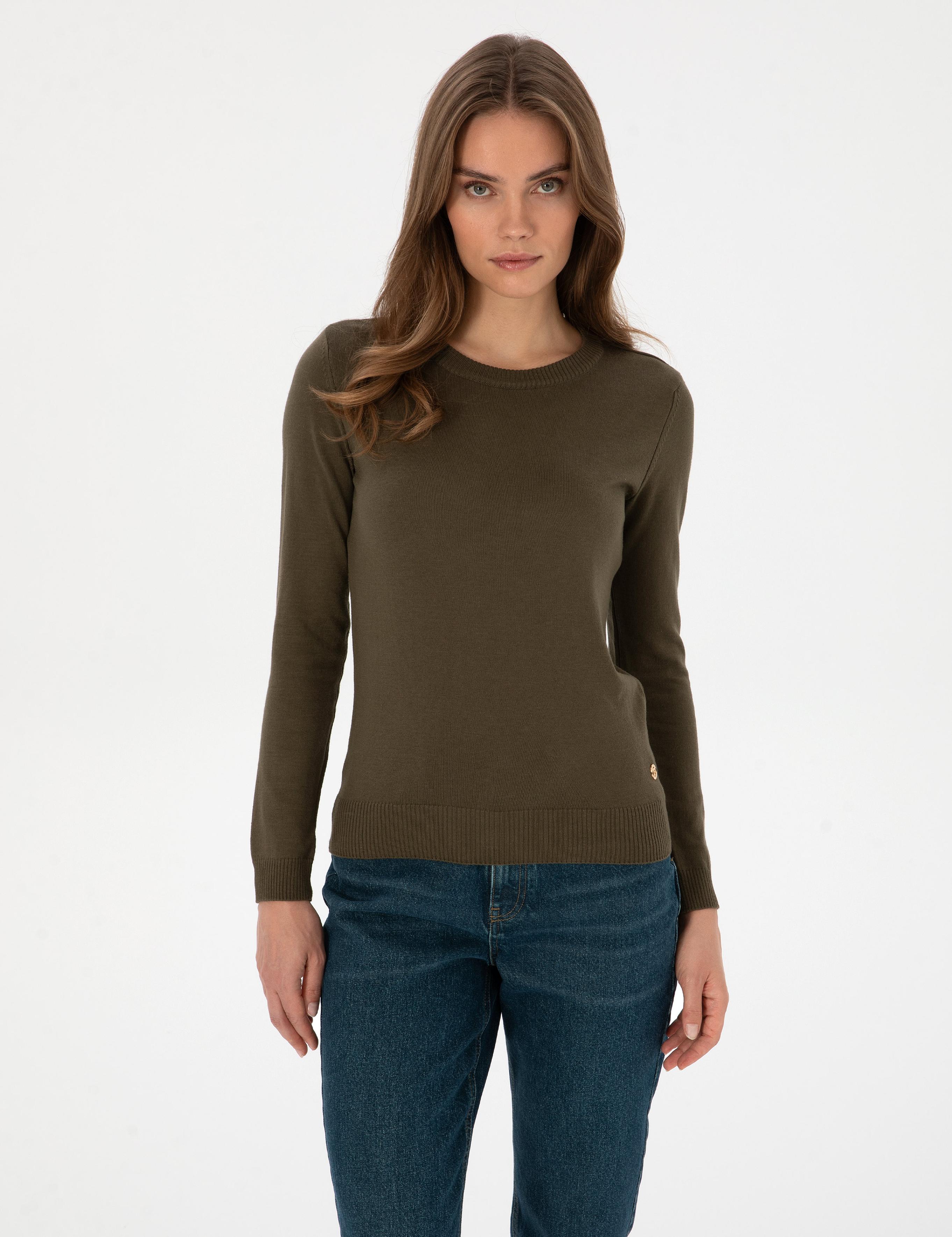 Haki Slim Fit Bisiklet Yaka Basic Kazak