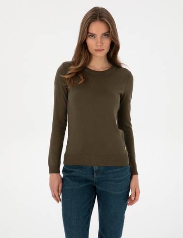 Haki Slim Fit Bisiklet Yaka Basic Kazak