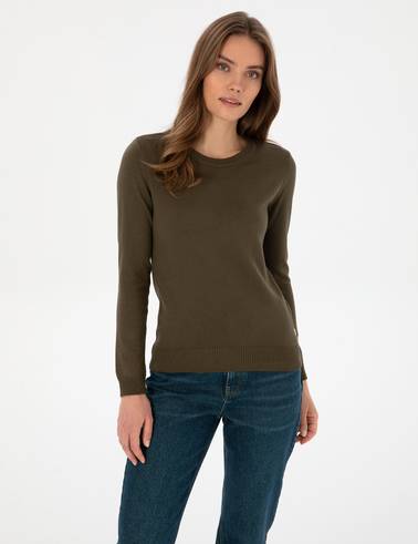 Haki Slim Fit Bisiklet Yaka Basic Kazak