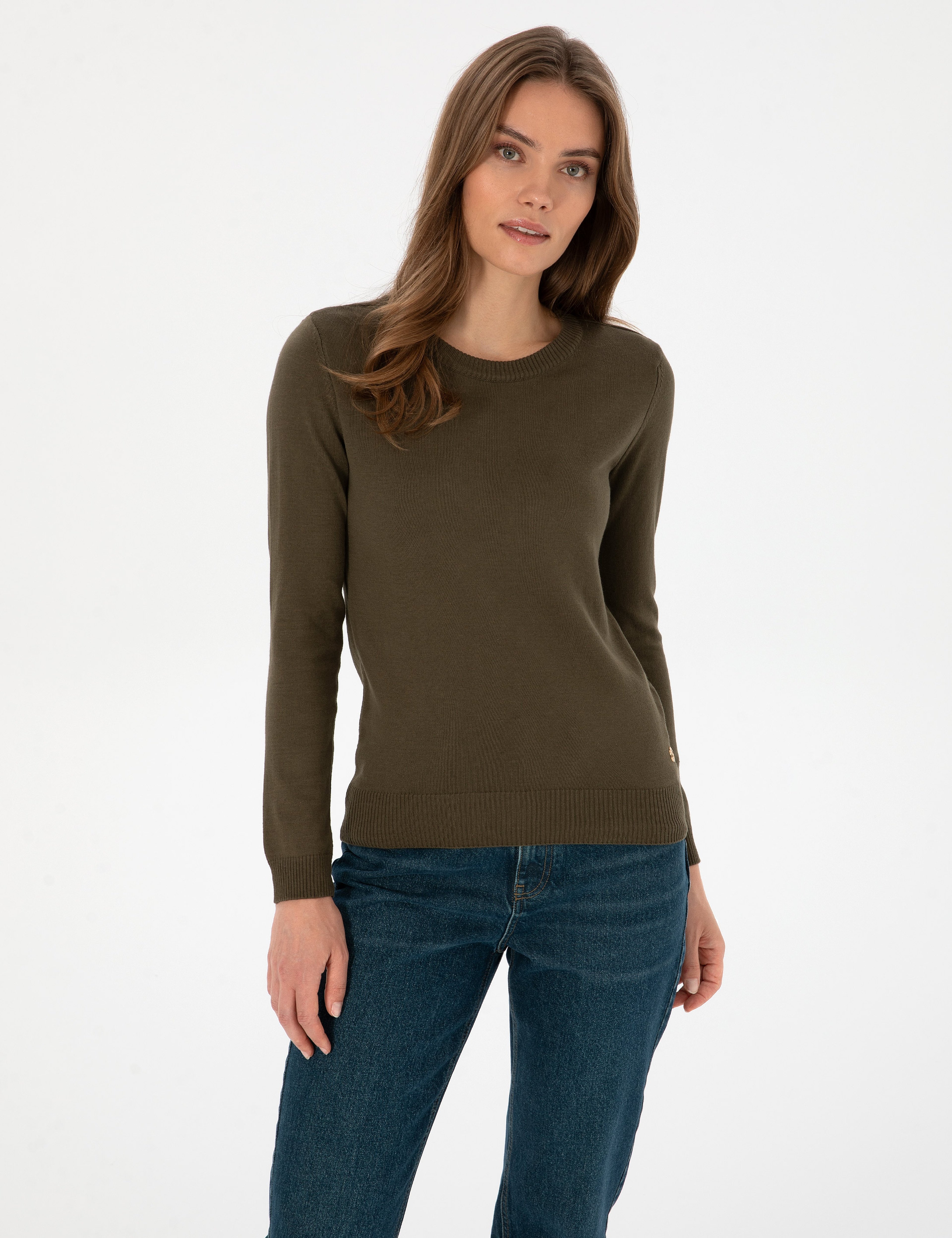 Haki Slim Fit Bisiklet Yaka Basic Kazak