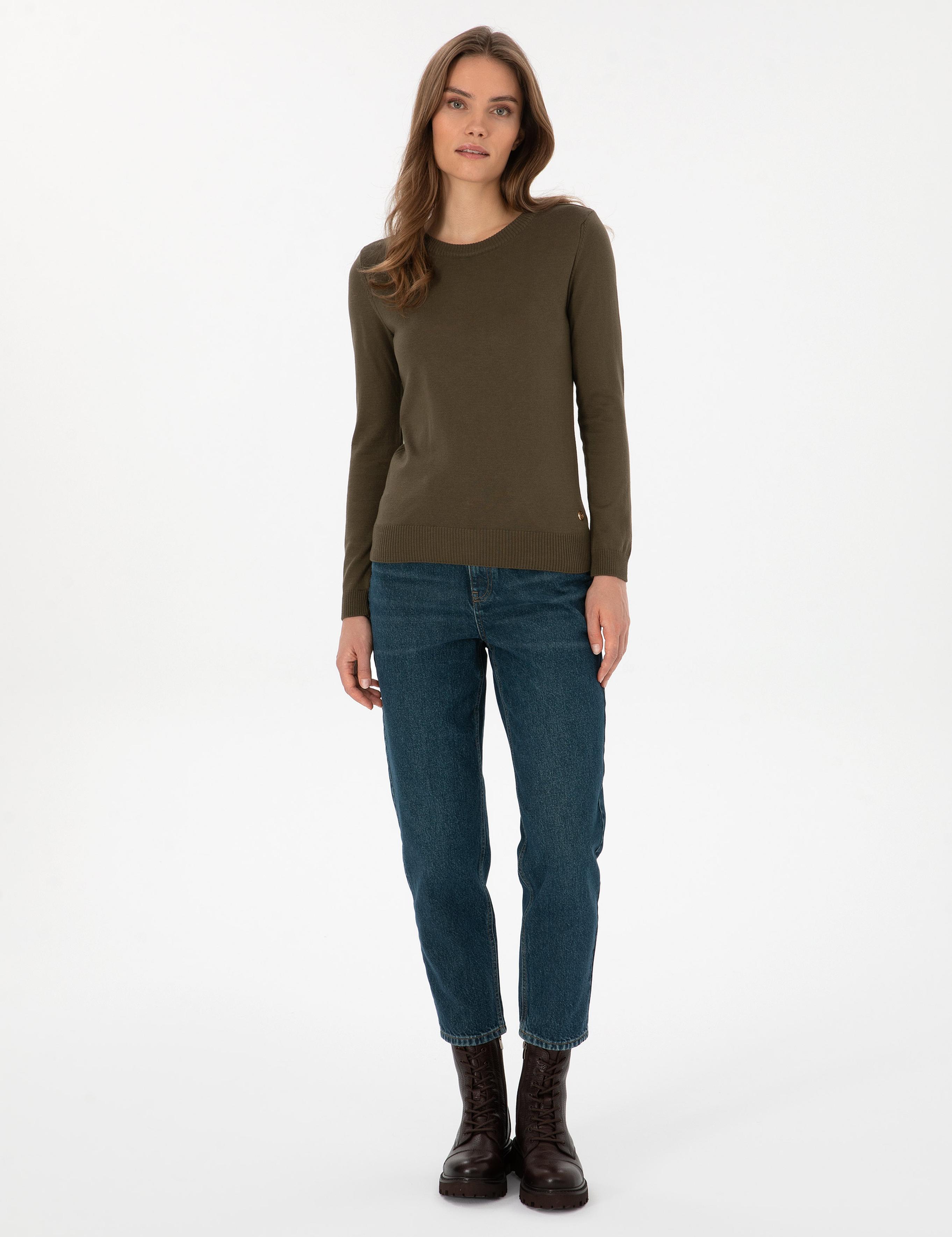 Haki Slim Fit Bisiklet Yaka Basic Kazak