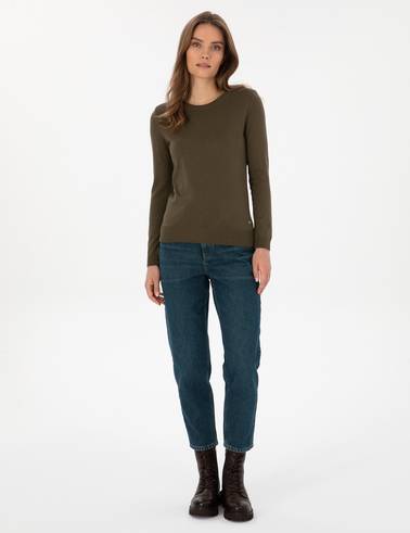 Haki Slim Fit Bisiklet Yaka Basic Kazak