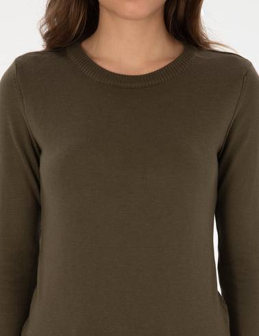 Haki Slim Fit Bisiklet Yaka Basic Kazak