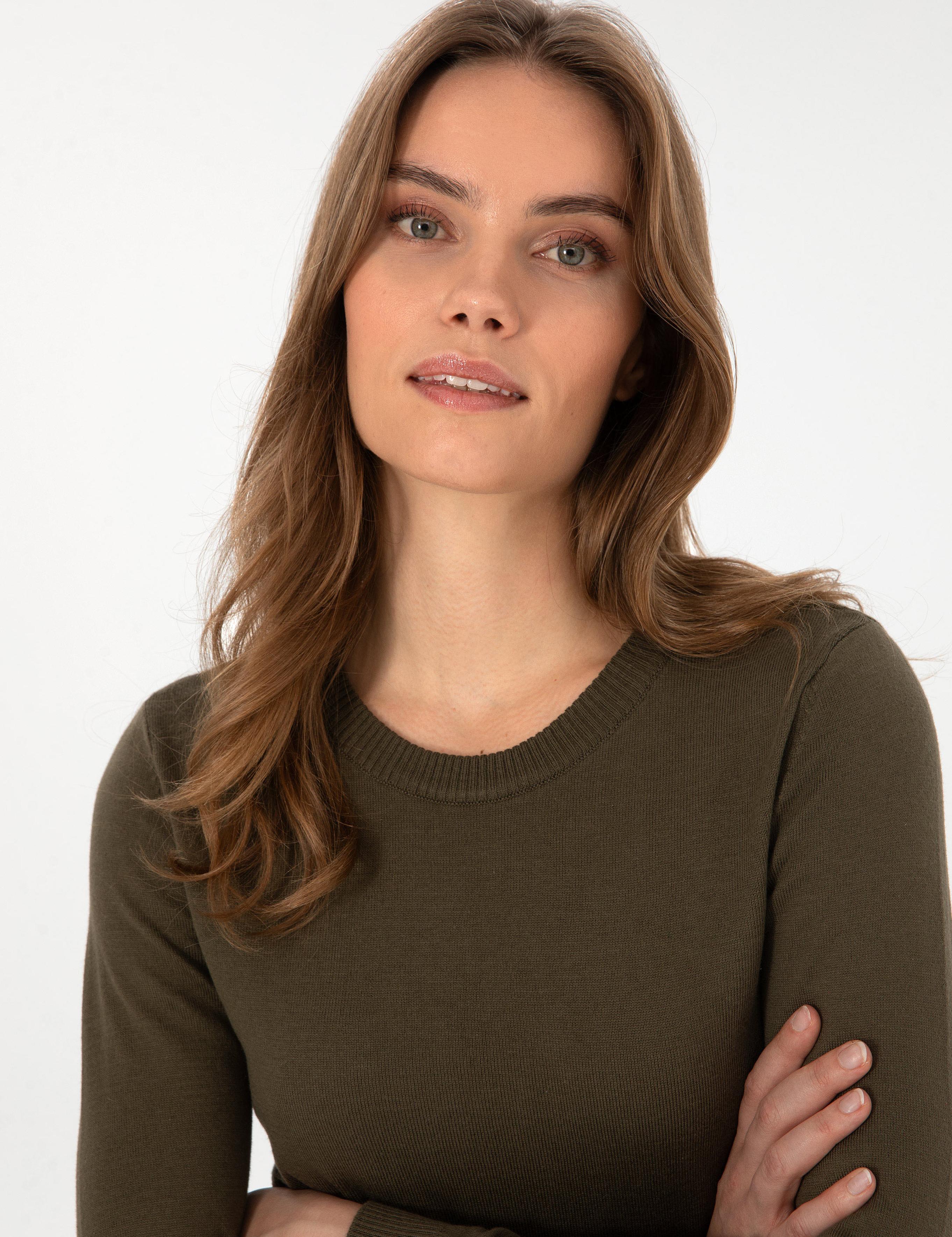 Haki Slim Fit Bisiklet Yaka Basic Kazak