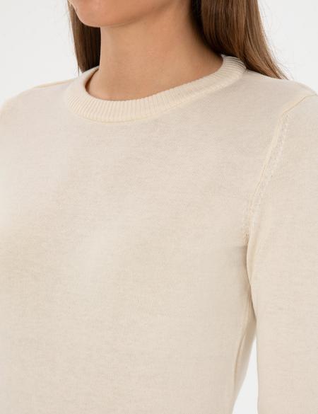 Ekru Slim Fit Bisiklet Yaka Basic Kazak - 50315758015