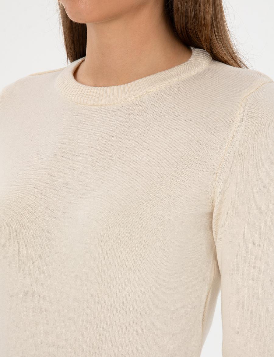 Ekru Slim Fit Bisiklet Yaka Basic Kazak