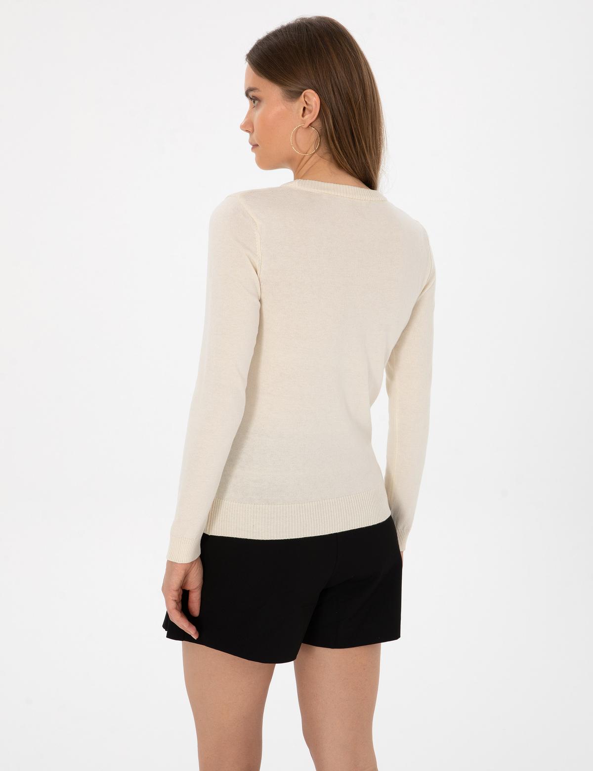 Ekru Slim Fit Bisiklet Yaka Basic Kazak - 50315758015