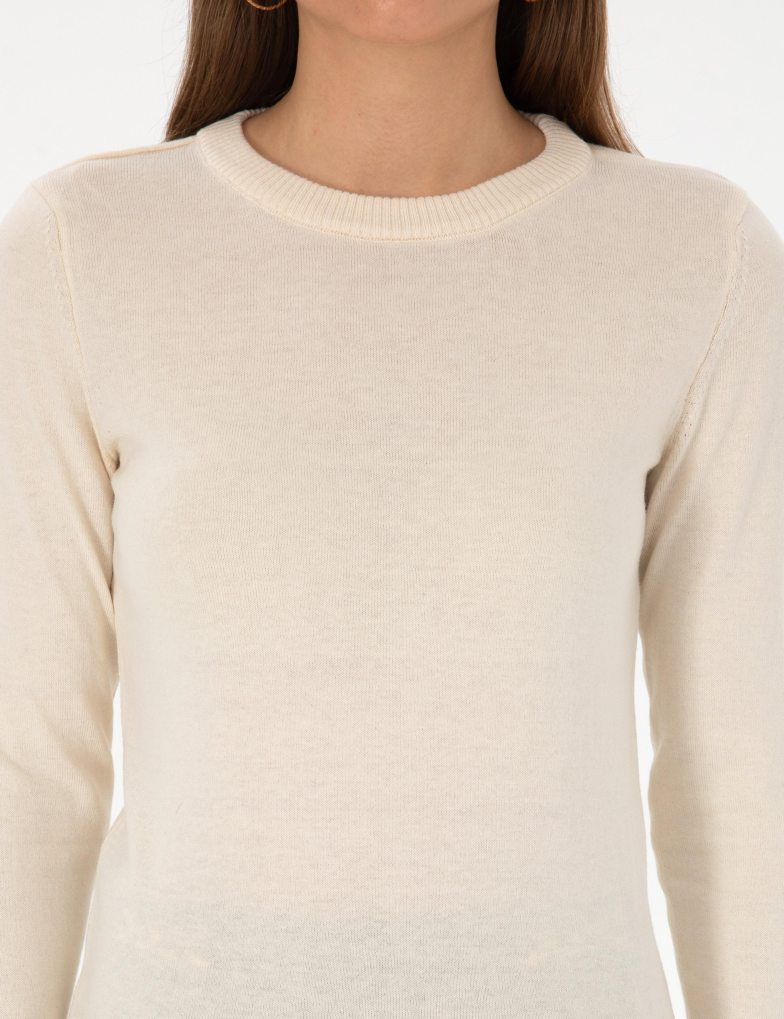 Ekru Slim Fit Bisiklet Yaka Basic Kazak