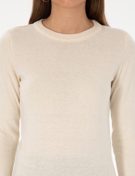 Ekru Slim Fit Bisiklet Yaka Basic Kazak - 50315758015