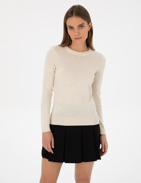 Ekru Slim Fit Bisiklet Yaka Basic Kazak - 50315758015