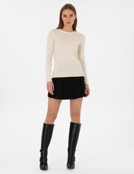 Ekru Slim Fit Bisiklet Yaka Basic Kazak - 50315758015