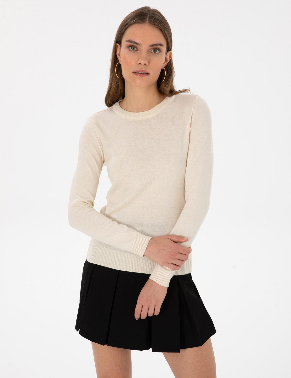 Ekru Slim Fit Bisiklet Yaka Basic Kazak - 50315758015