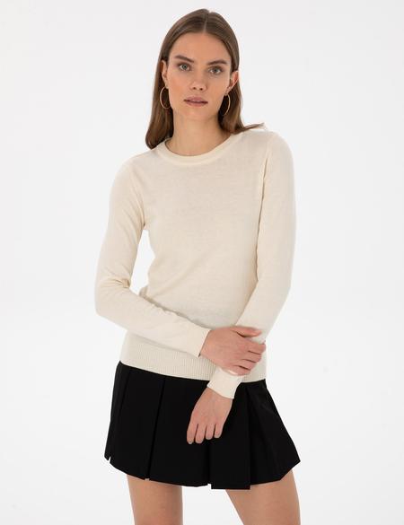 Ekru Slim Fit Bisiklet Yaka Basic Kazak - 50315758015