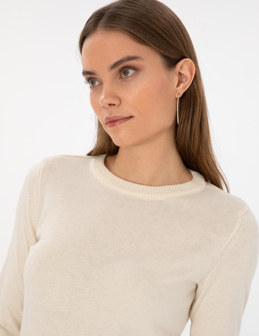 Ekru Slim Fit Bisiklet Yaka Basic Kazak