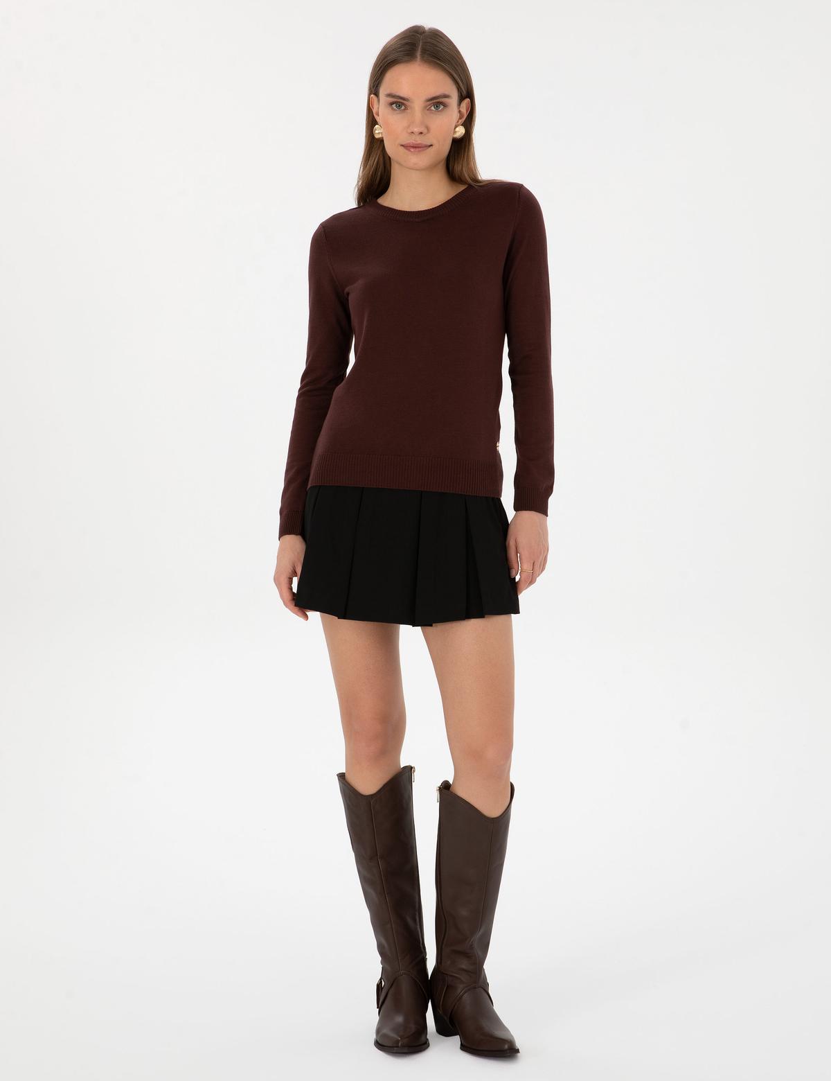 Kahverengi Slim Fit Bisiklet Yaka Basic Kazak - 50315758070