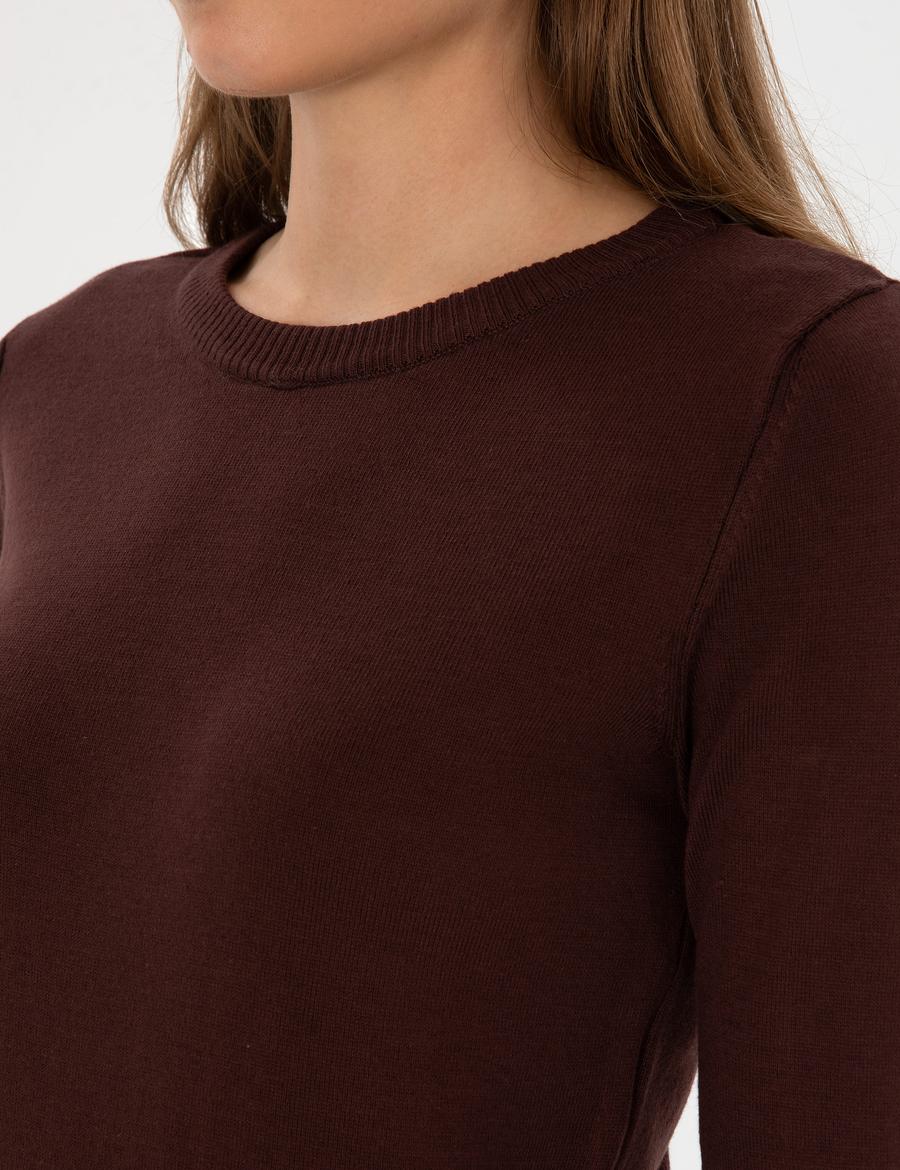 Kahverengi Slim Fit Bisiklet Yaka Basic Kazak