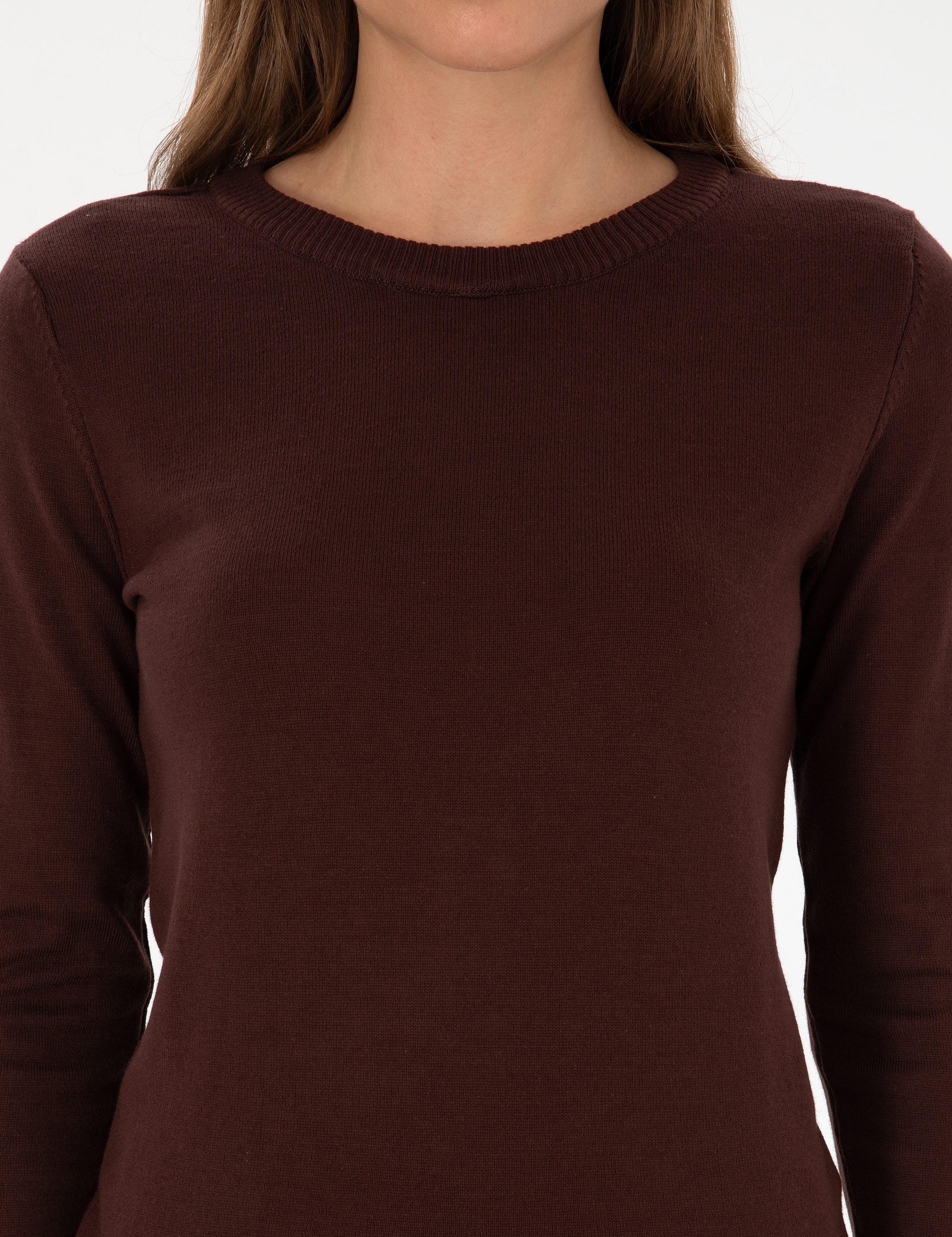 Kahverengi Slim Fit Bisiklet Yaka Basic Kazak