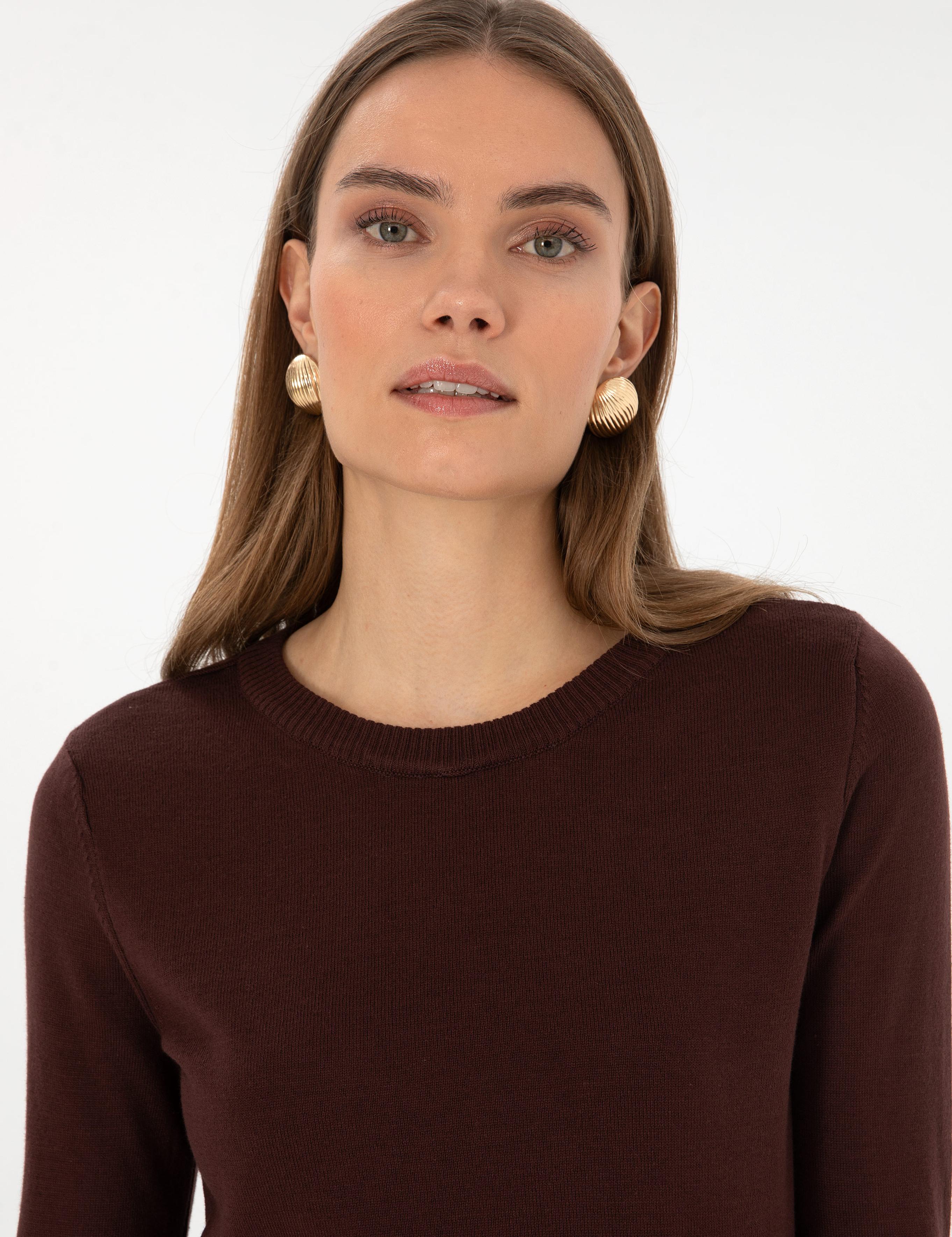 Kahverengi Slim Fit Bisiklet Yaka Basic Kazak