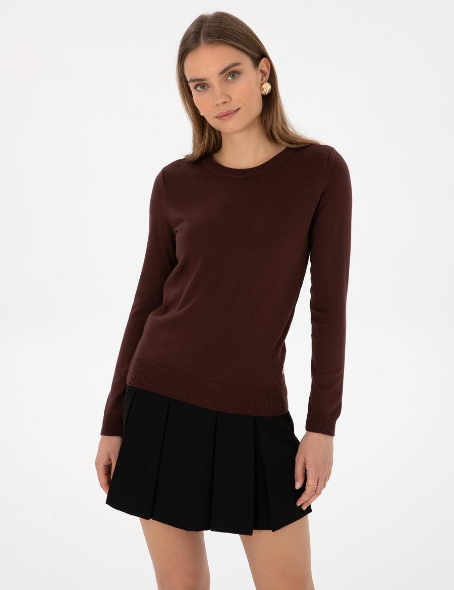 Kahverengi Slim Fit Bisiklet Yaka Basic Kazak