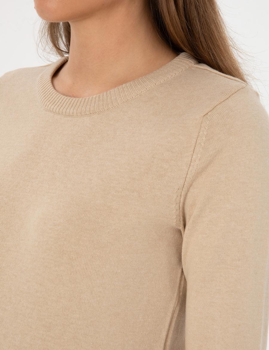 Bej Slim Fit Bisiklet Yaka Basic Kazak