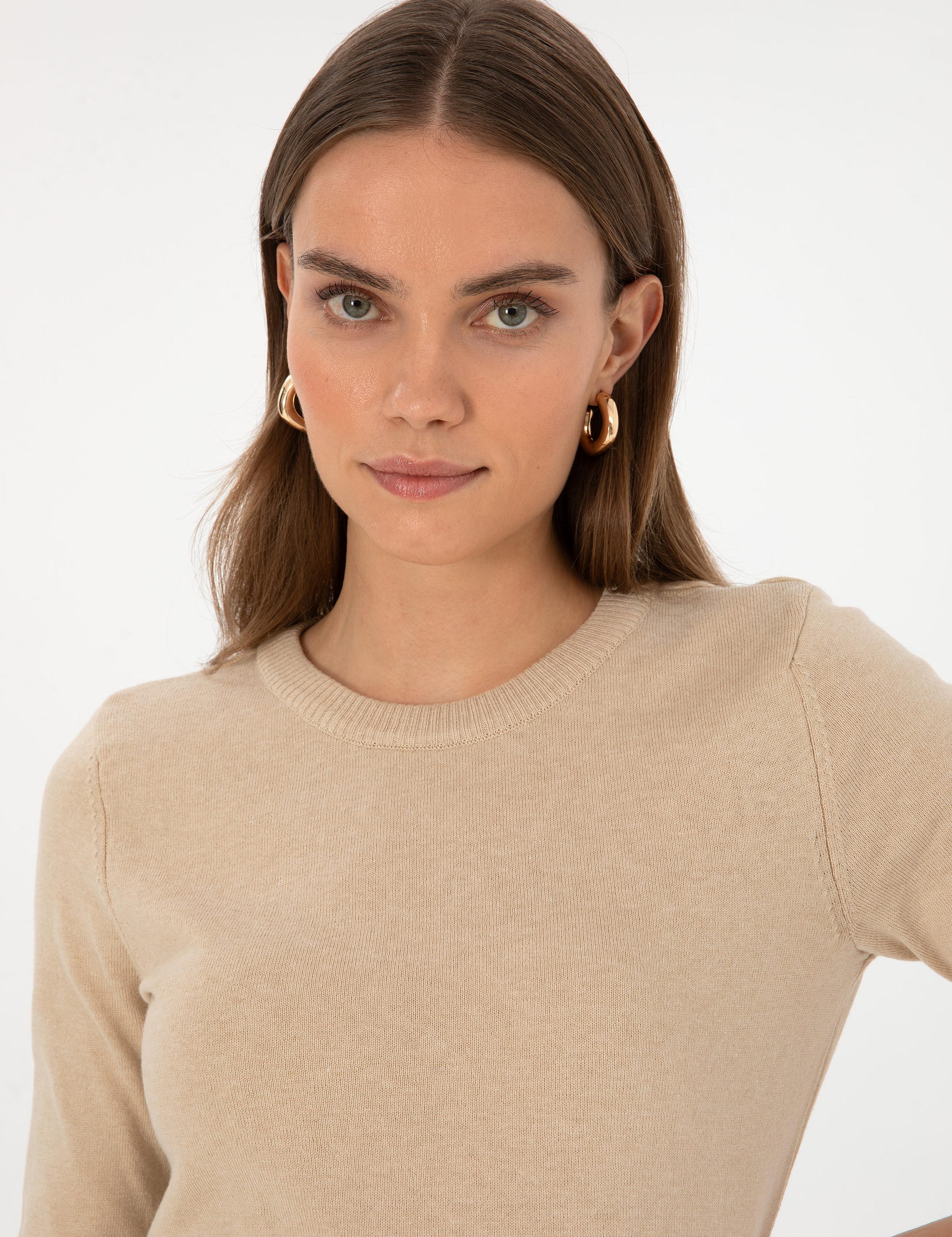 Bej Slim Fit Bisiklet Yaka Basic Kazak