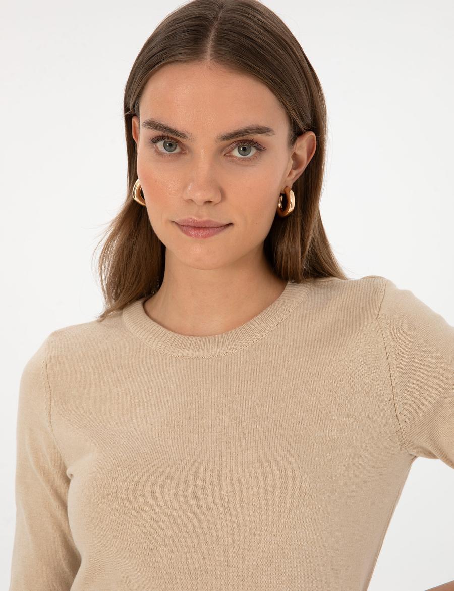 Bej Slim Fit Bisiklet Yaka Basic Kazak