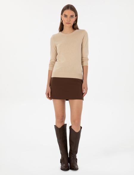 Bej Slim Fit Bisiklet Yaka Basic Kazak - 50315758057