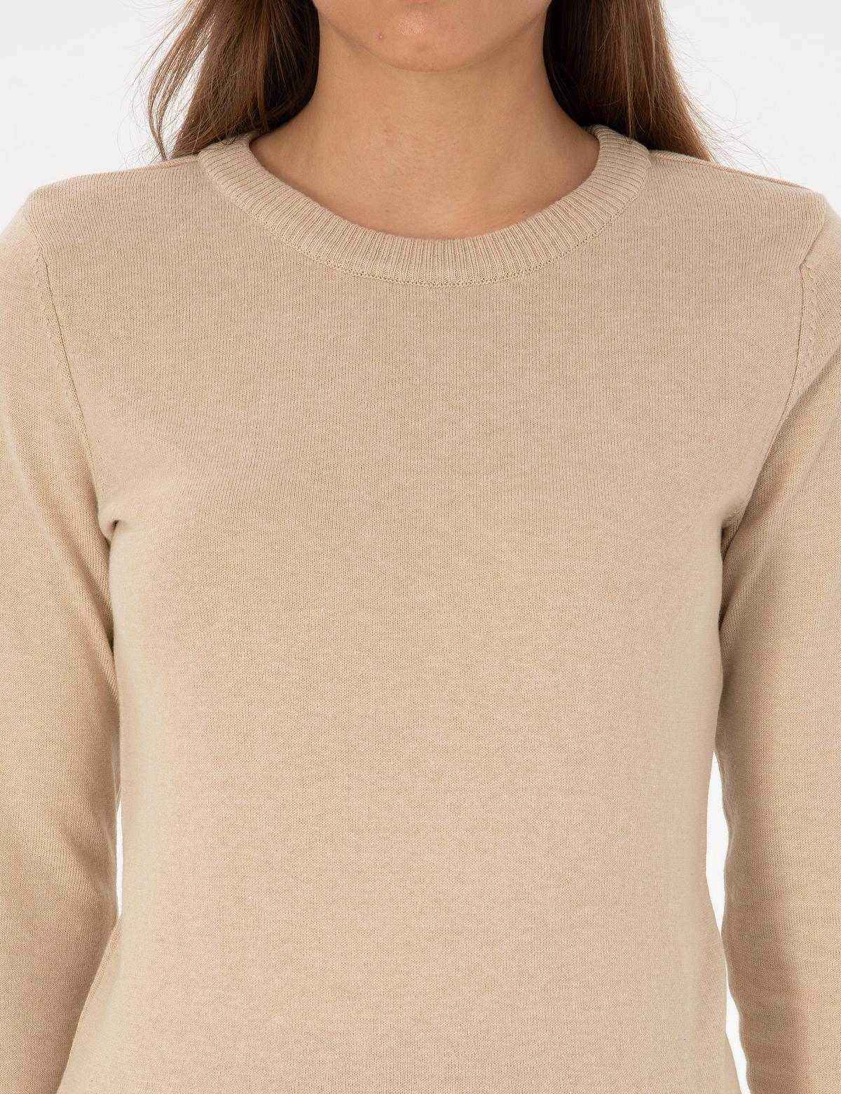 Bej Slim Fit Bisiklet Yaka Basic Kazak - 50315758057