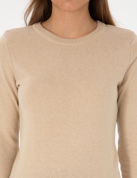 Bej Slim Fit Bisiklet Yaka Basic Kazak - 50315758057