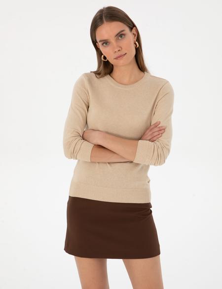 Bej Slim Fit Bisiklet Yaka Basic Kazak - 50315758057