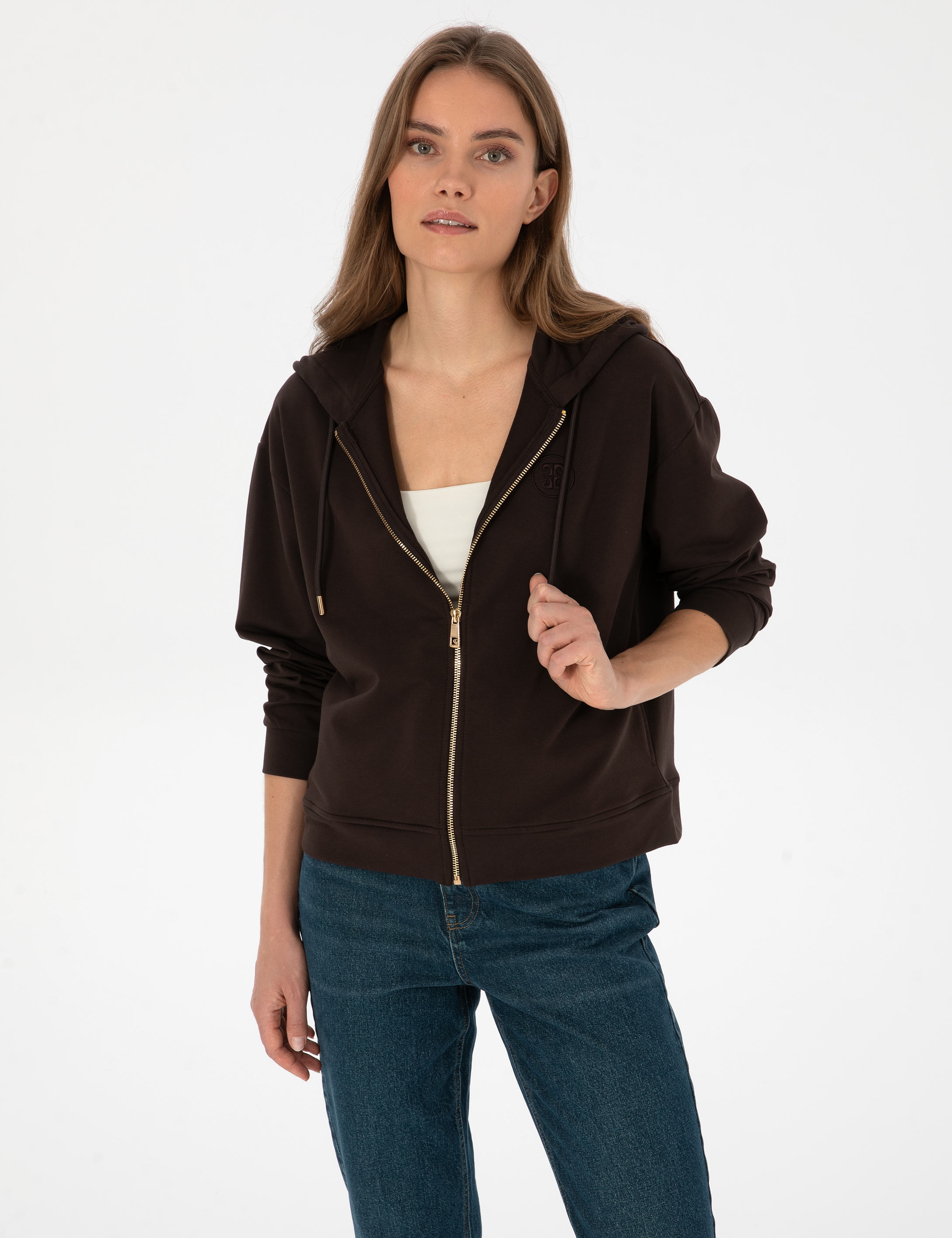 Kahverengi Comfort Fit Fermuarlı Sweatshirt - Image 1