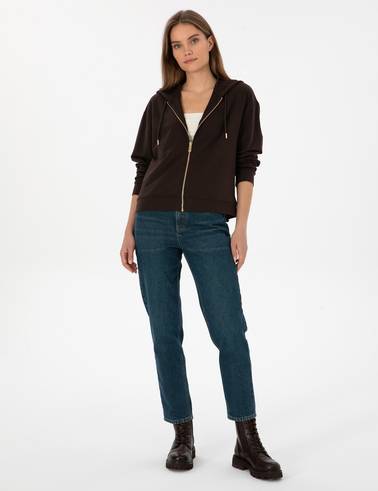 Kahverengi Comfort Fit Fermuarlı Sweatshirt