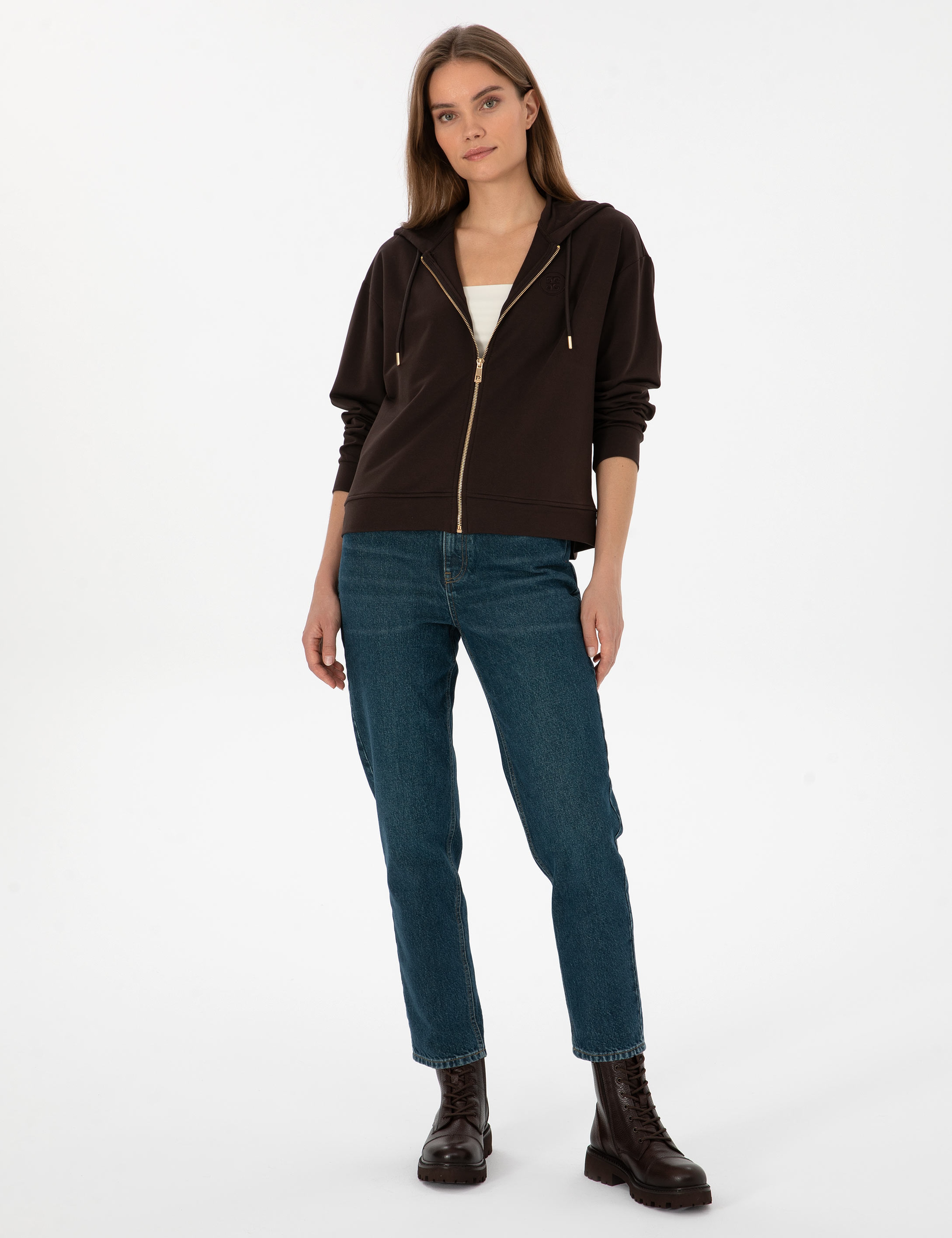 Kahverengi Comfort Fit Fermuarlı Sweatshirt - Image 4