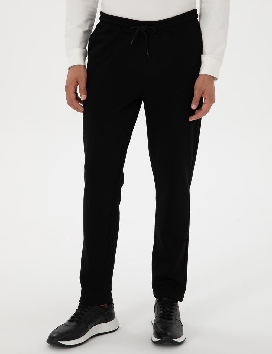 Siyah Slim Fit 3 İplik Düz Paça Eşofman Altı