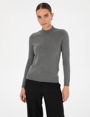Gri Melanj Slim Fit Yarım Balıkçı Yaka Basic Kazak