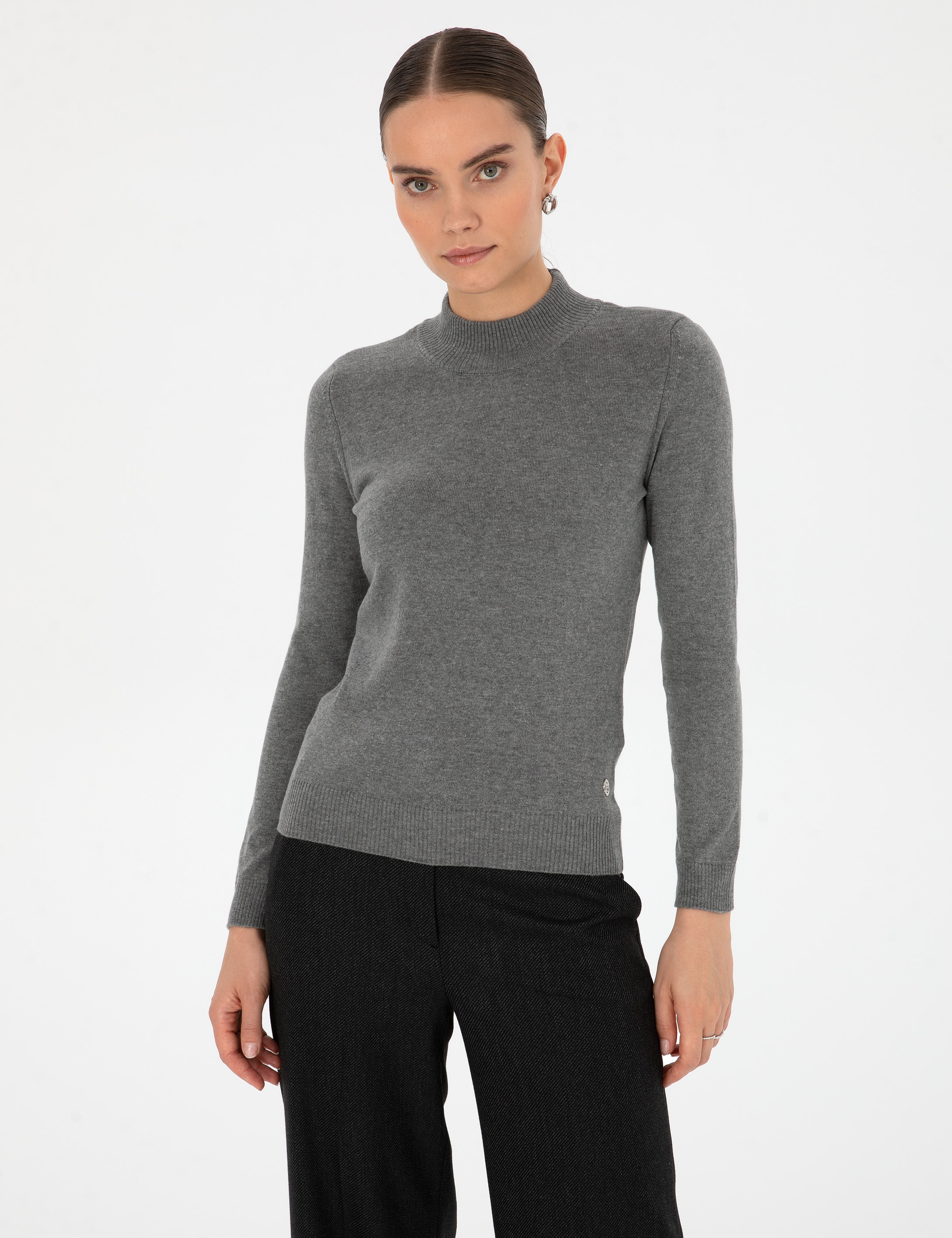Gri Melanj Slim Fit Yarım Balıkçı Yaka Basic Kazak - Image 2