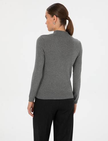 Gri Melanj Slim Fit Yarım Balıkçı Yaka Basic Kazak