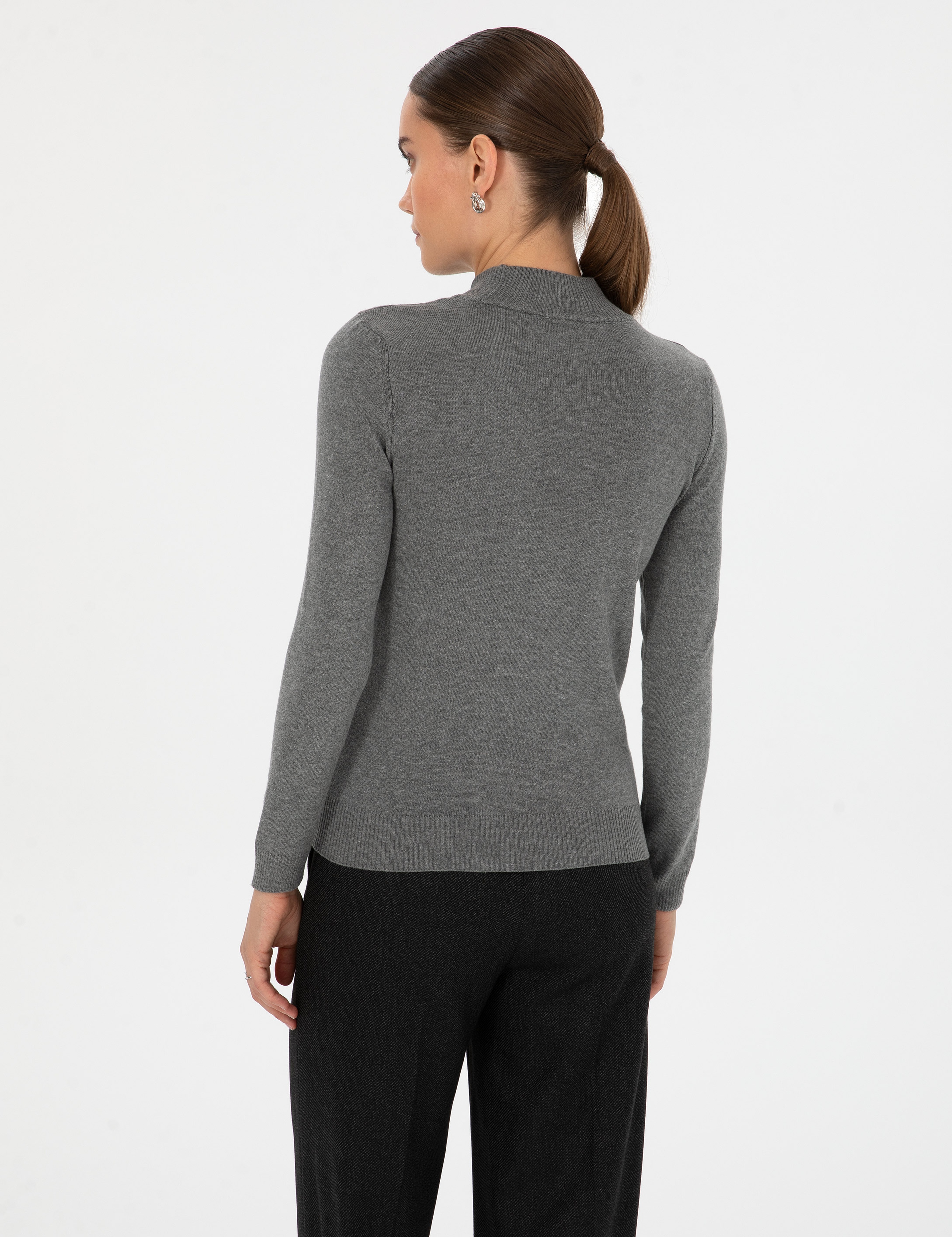 Gri Melanj Slim Fit Yarım Balıkçı Yaka Basic Kazak - Image 5