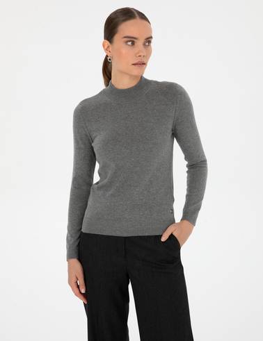 Gri Melanj Slim Fit Yarım Balıkçı Yaka Basic Kazak