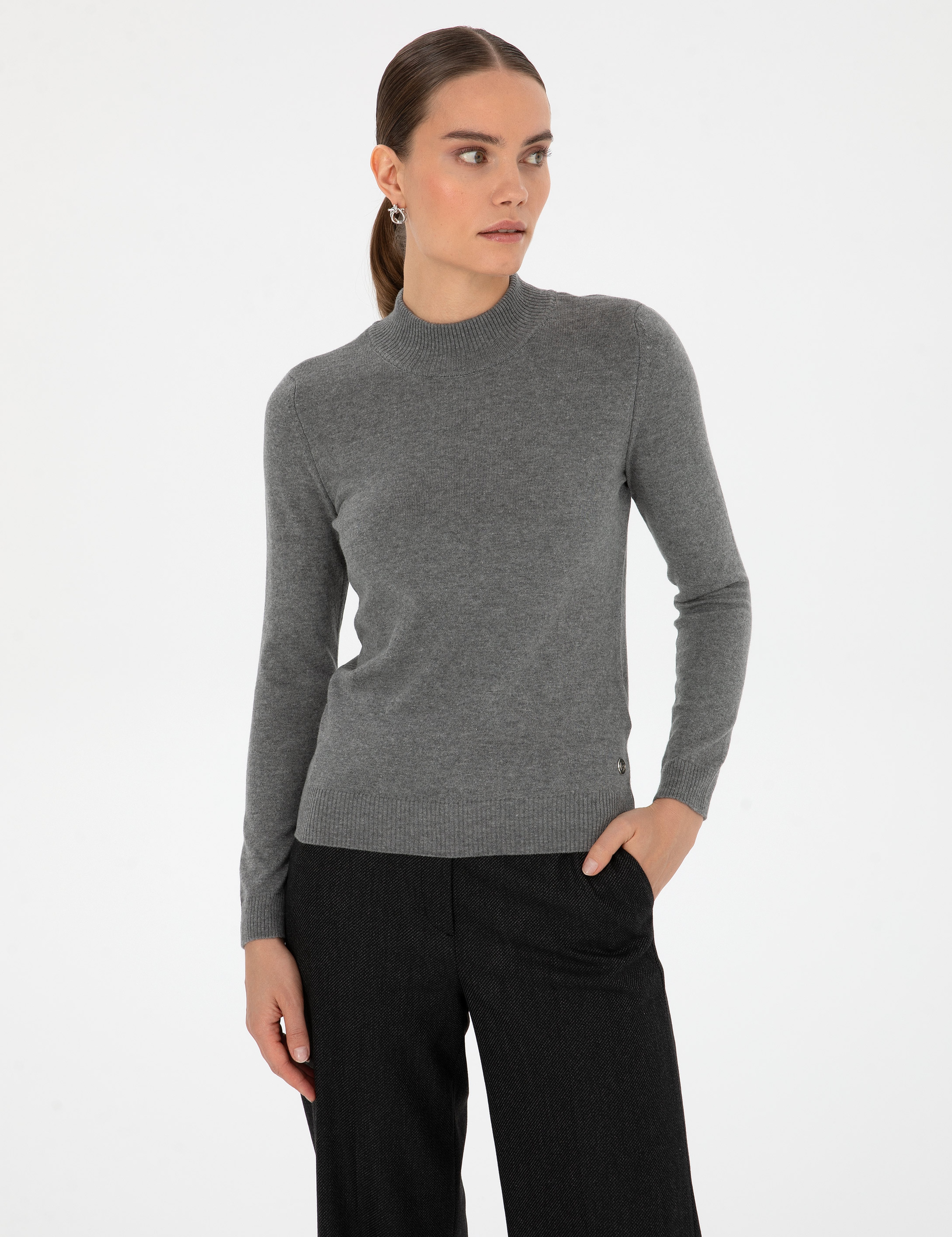 Gri Melanj Slim Fit Yarım Balıkçı Yaka Basic Kazak - Image 4