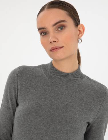 Gri Melanj Slim Fit Yarım Balıkçı Yaka Basic Kazak