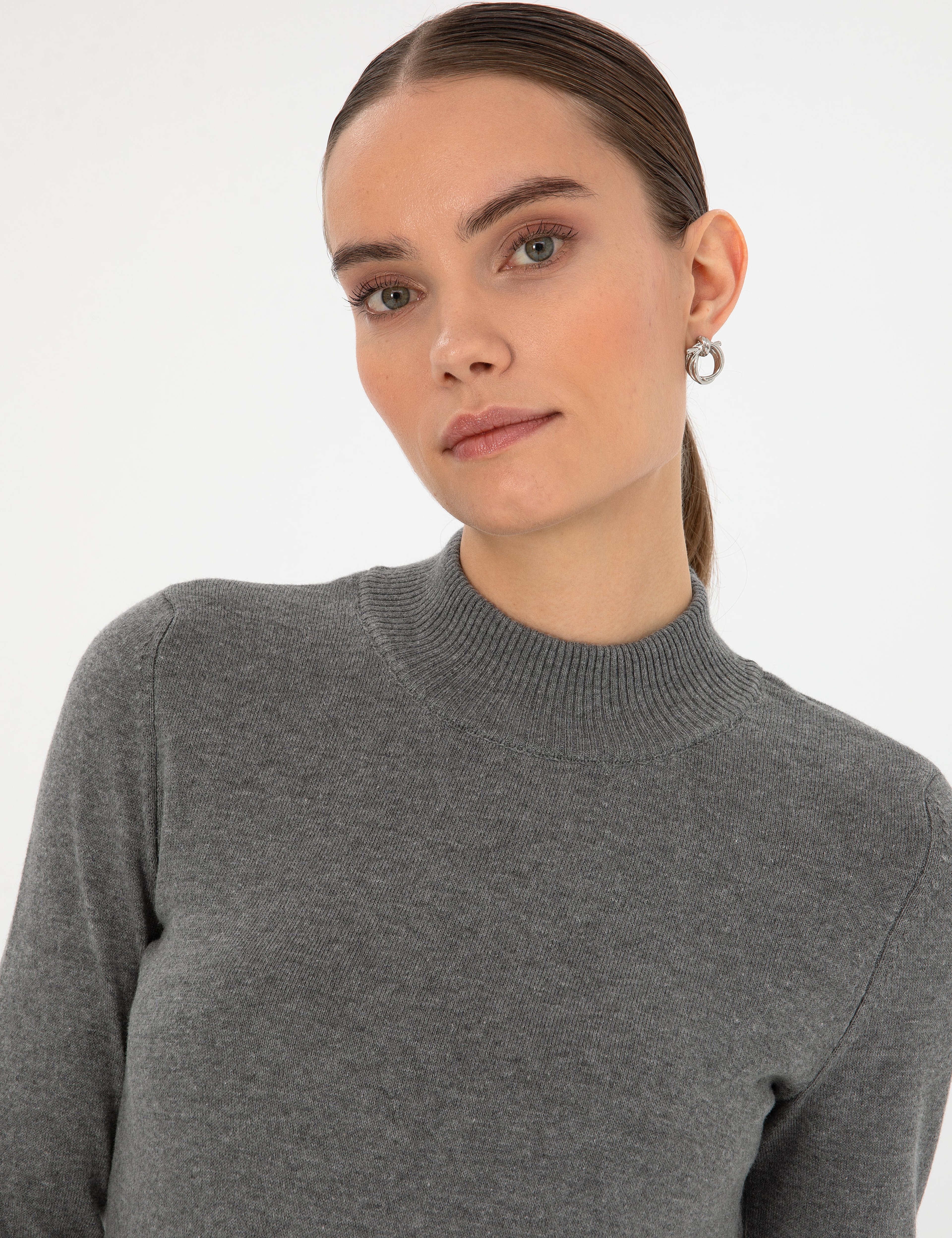 Gri Melanj Slim Fit Yarım Balıkçı Yaka Basic Kazak